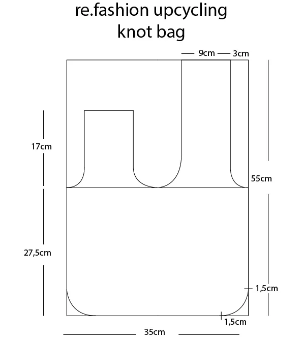 Schnittmuster der Knot Bag: 35 cm breit, 55 cm hoch, Beutelteil 27,5 cm, Henkelausschnitt 17 cm tief, Henkel 9 cm und 3 cm breit, Ecken mit 1,5 cm Rundung