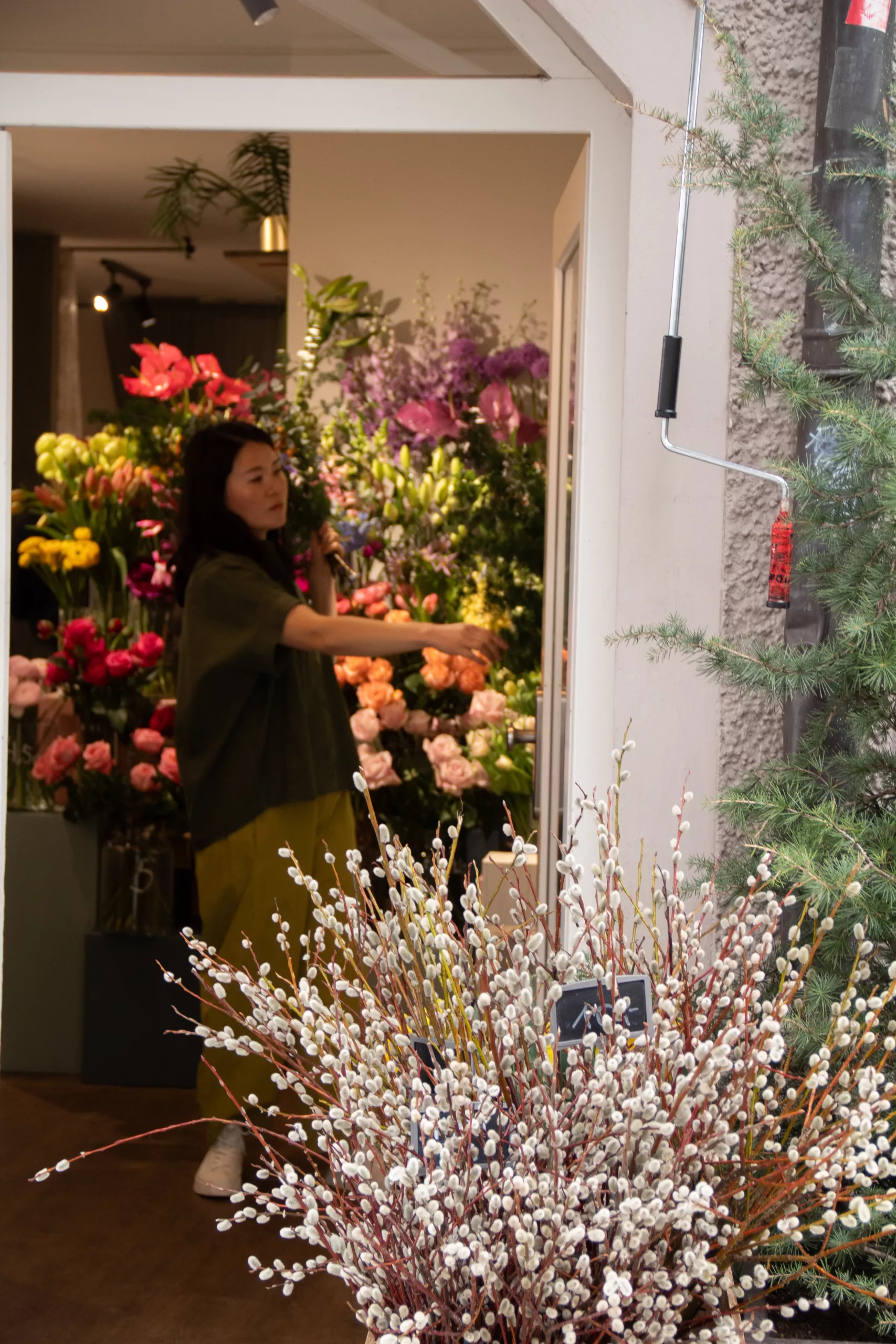 Eingang des Blumenladens mit Ji im Inneren, vorne Weidenkätzchen